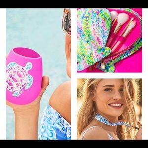 Lilly Pulitzer GWP Lot Makeup Brushes, Wine Cup, Sunglass Strap